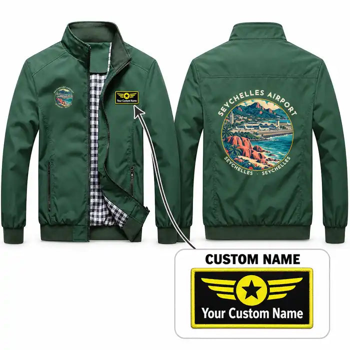 Seychelles International Airport (SEZ) Stylish Jackets - Stand Collar - Badge + Name - Green