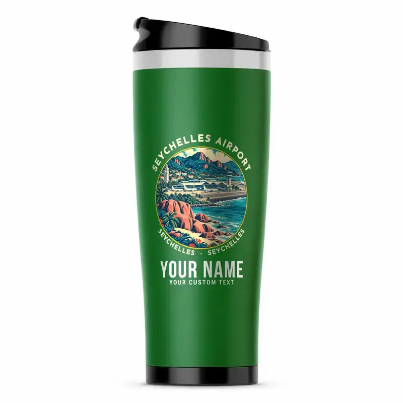 Seychelles International Airport (SEZ) Travel Mugs - Badge + Name - Stainless Steel (No Holder) - Green