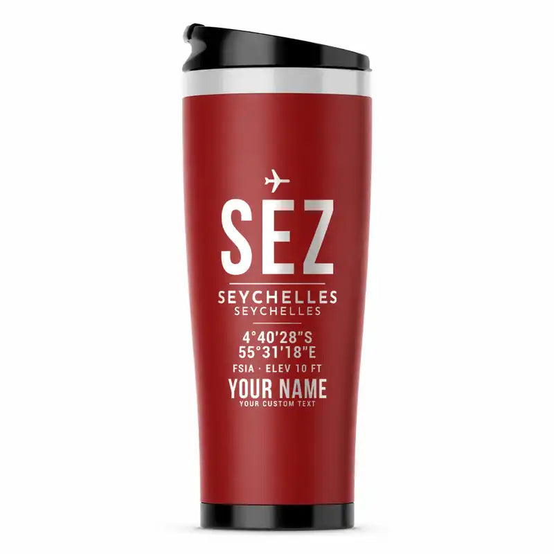 Seychelles International Airport (SEZ) Travel Mugs - ID Tag + Name - Stainless Steel (No Holder) - Red