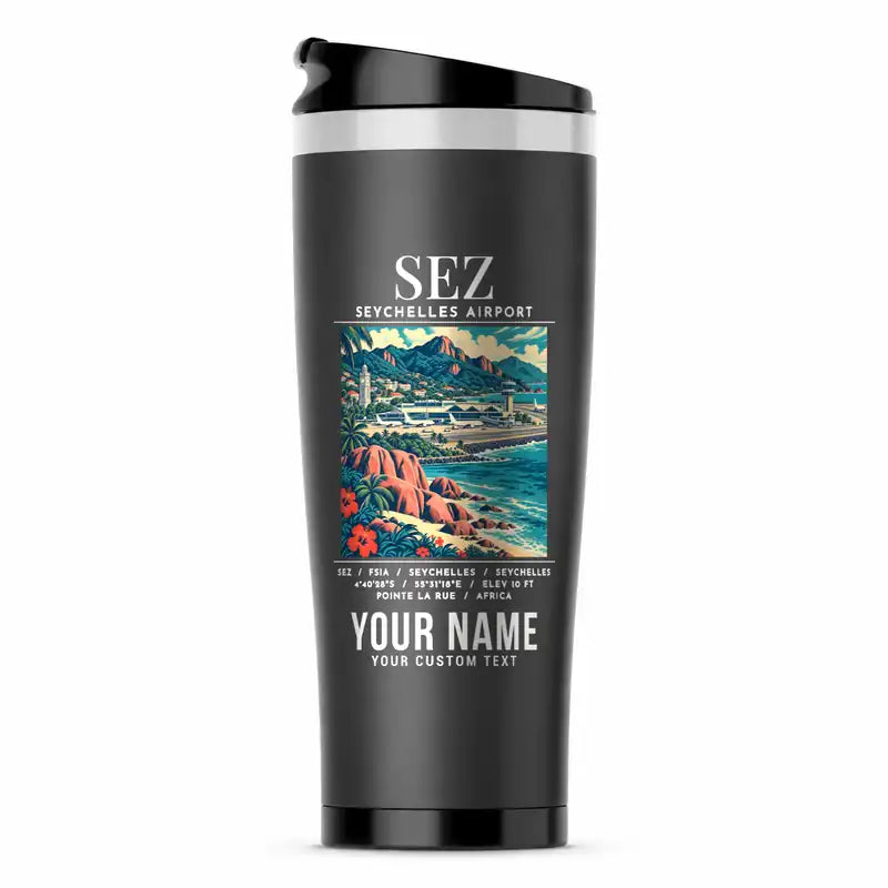 Seychelles International Airport (SEZ) Travel Mugs - Poster + Name - Stainless Steel (No Holder) - Gray