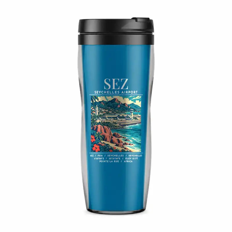 Seychelles International Airport (SEZ) Travel Mugs - Poster - Plastic (No Holder) - Light Blue
