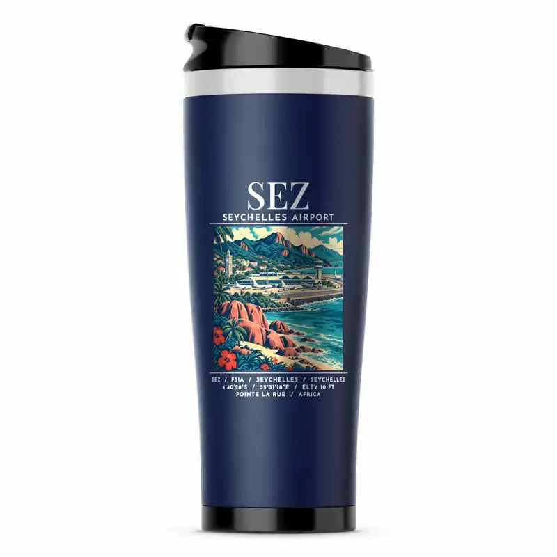 Seychelles International Airport (SEZ) Travel Mugs - Poster - Stainless Steel (No Holder) - Dark Blue