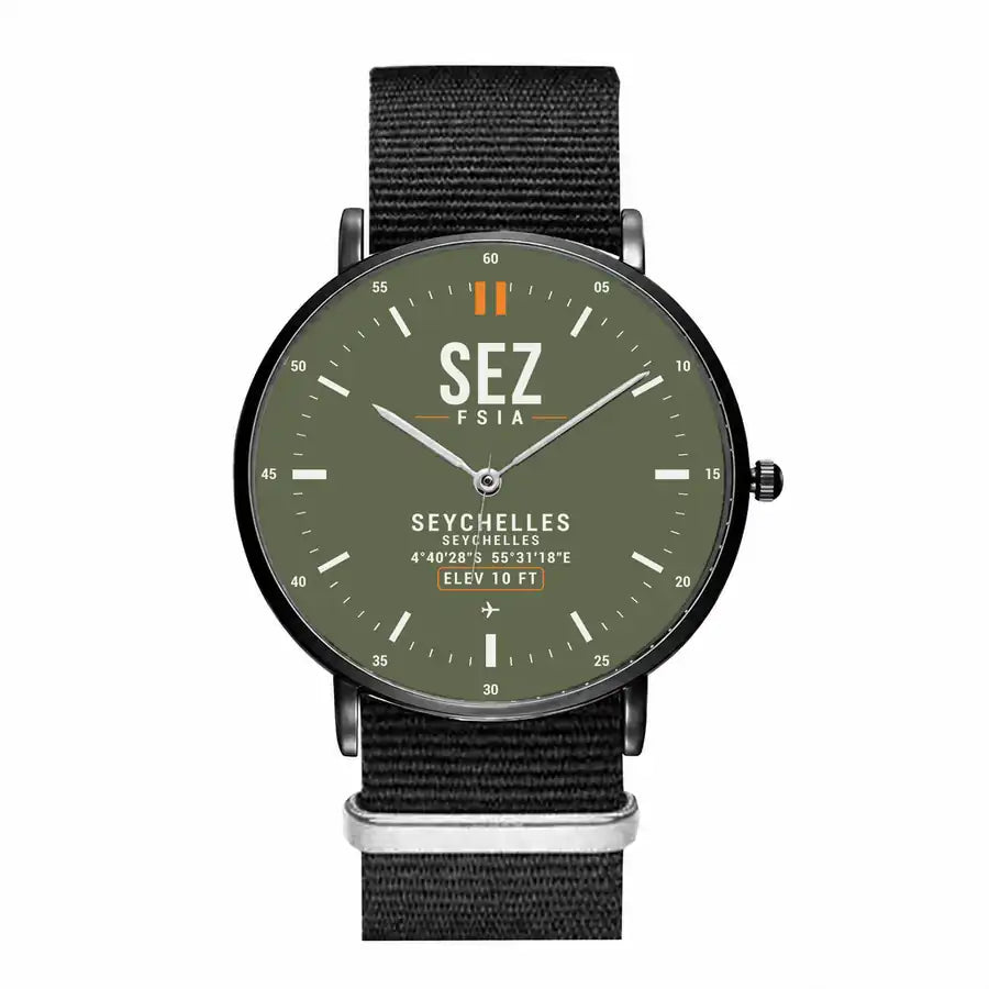 Seychelles International Airport (SEZ) Aviator Watches - Classic - Green Army - Slim Leather - Black & Black Nylon Strap