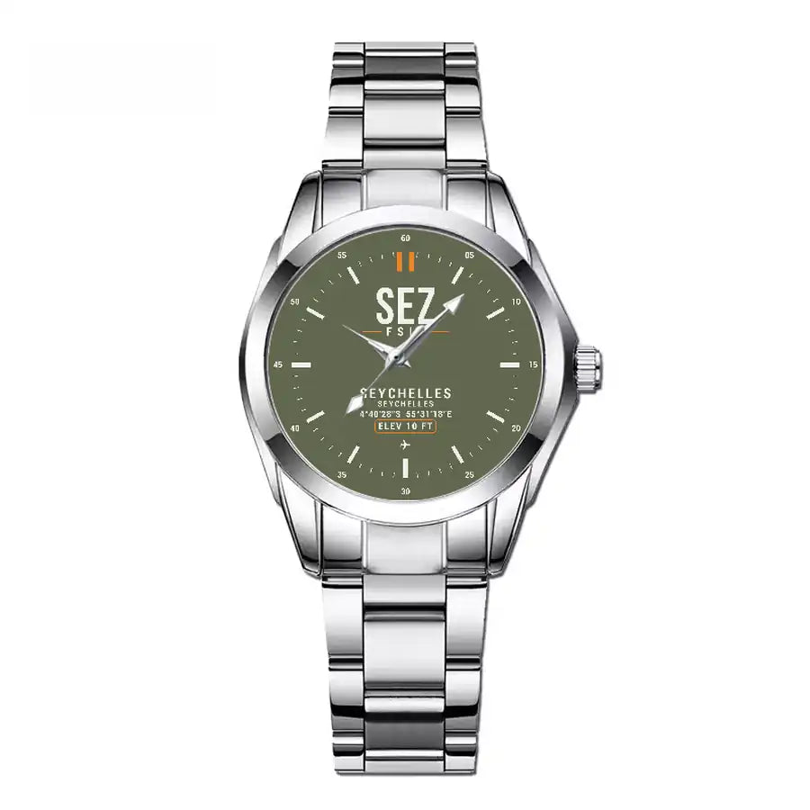 Seychelles International Airport (SEZ) Aviator Watches - Classic - Green Army - Stainless Steel Band - For Children & Women