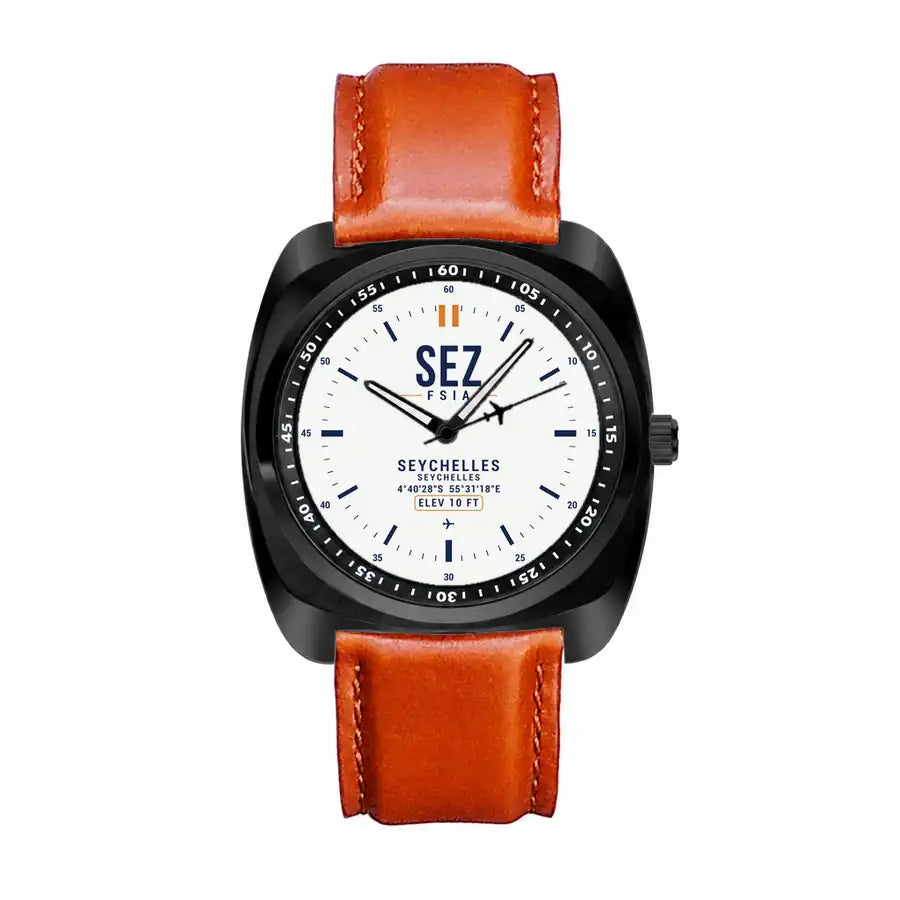 Seychelles International Airport (SEZ) Aviator Watches - Classic - White - Luxury Cushion - Black & Light Brown Strap