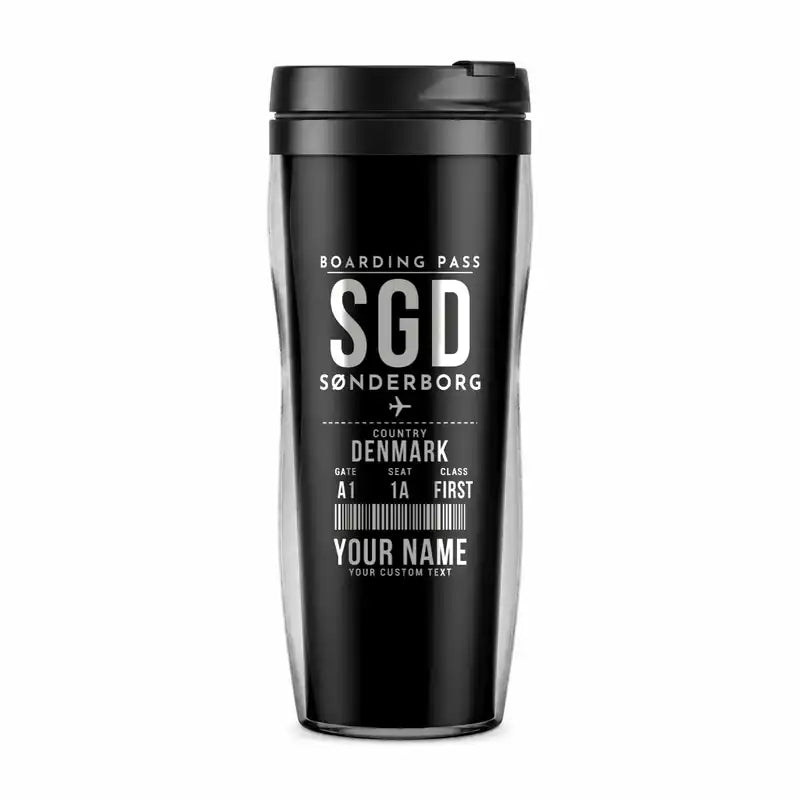 Sønderborg Airport (SGD) Travel Mugs - Boarding Pass + Name - Plastic (No Holder) - Black