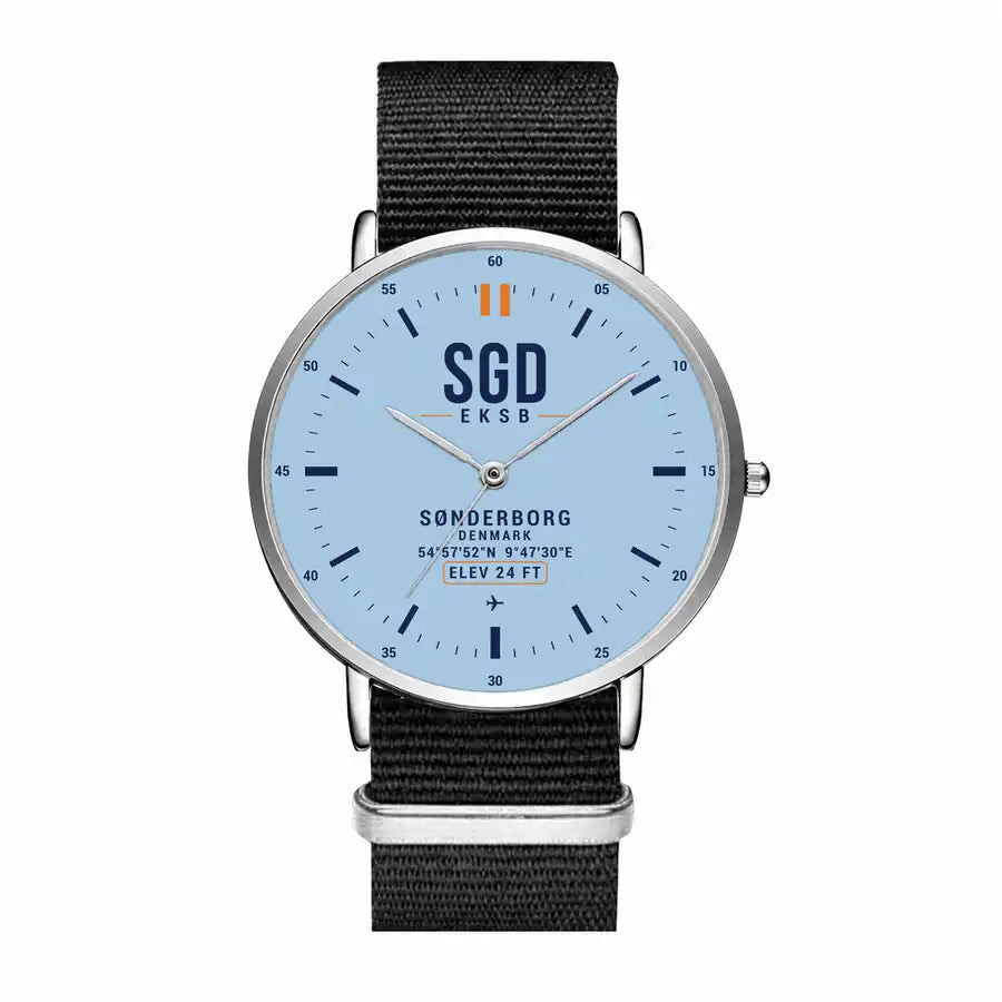 Sønderborg Airport (SGD) Aviator Watches - Classic - Light Blue - Slim Leather - Silver & Black Nylon Strap