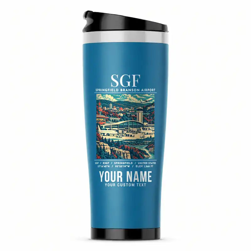 Springfield Branson National Airport (SGF) Travel Mugs - Poster + Name - Stainless Steel (No Holder) - Light Blue