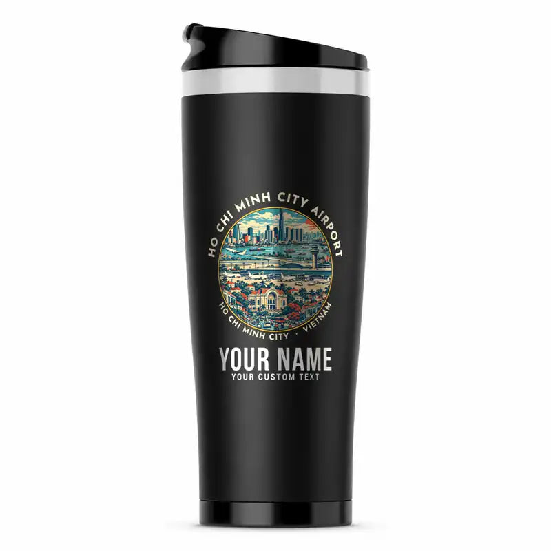 Tan Son Nhat International Airport Ho Chi Minh City (SGN) Travel Mugs - Badge + Name - Stainless Steel (No Holder) - Black
