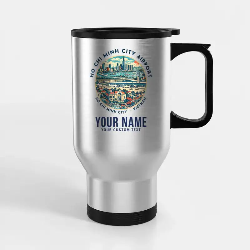 Tan Son Nhat International Airport Ho Chi Minh City (SGN) Travel Mugs - Badge + Name - Stainless Steel with Holder - Silver