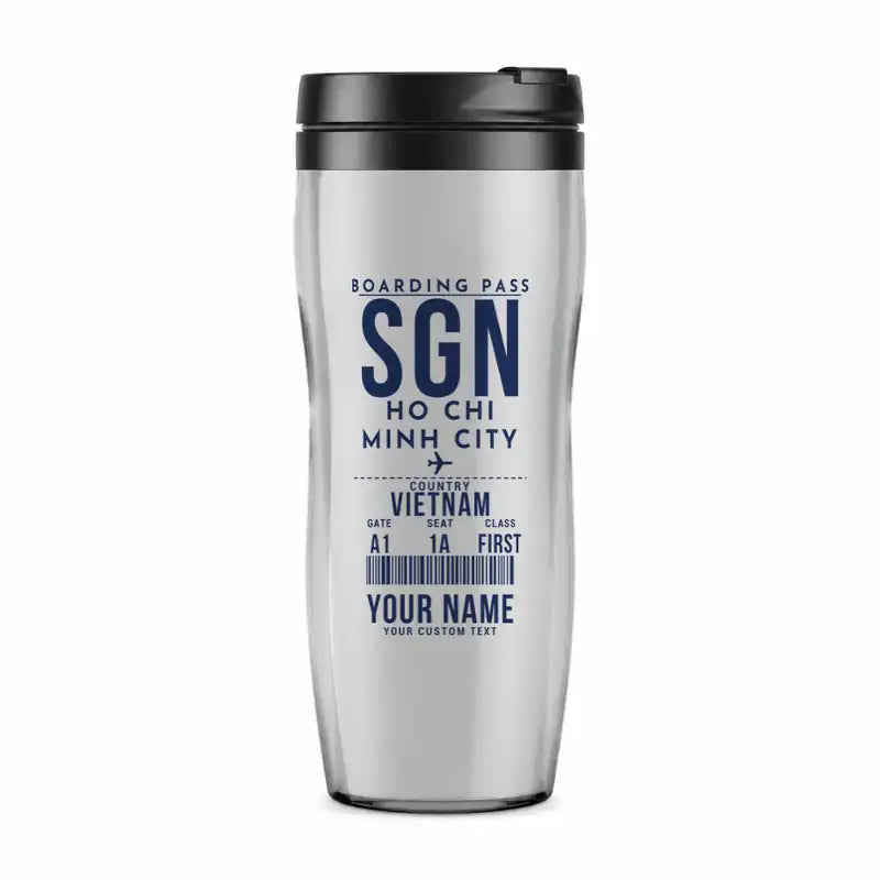 Tan Son Nhat International Airport Ho Chi Minh City (SGN) Travel Mugs - Boarding Pass + Name - Plastic (No Holder) - Light Gray
