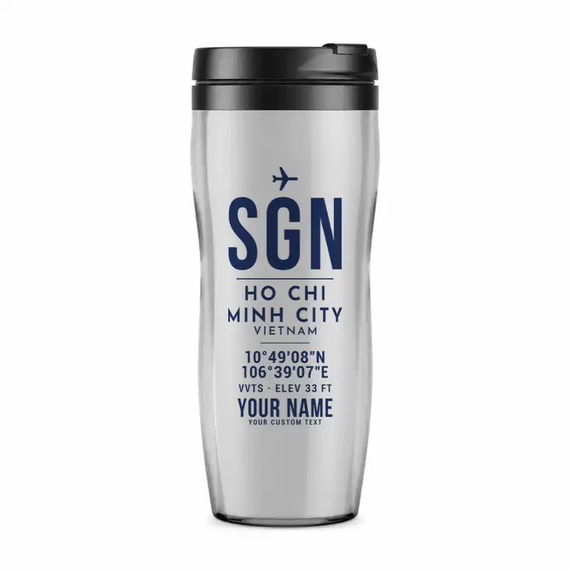 Tan Son Nhat International Airport Ho Chi Minh City (SGN) Travel Mugs - ID Tag + Name - Plastic (No Holder) - Light Gray