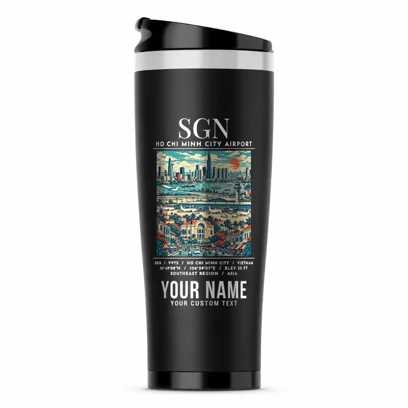 Tan Son Nhat International Airport Ho Chi Minh City (SGN) Travel Mugs - Poster + Name - Stainless Steel (No Holder) - Black
