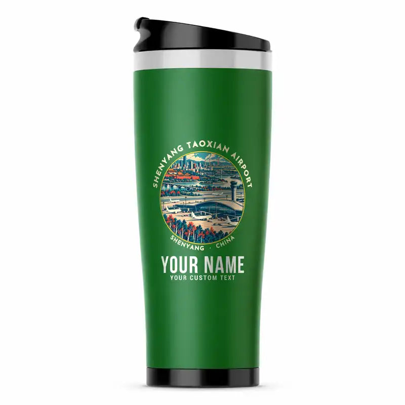 Shenyang Taoxian International Airport (SHE) Travel Mugs - Badge + Name - Stainless Steel (No Holder) - Green