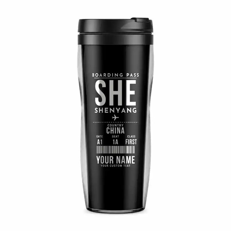 Shenyang Taoxian International Airport (SHE) Travel Mugs - Boarding Pass + Name - Plastic (No Holder) - Black