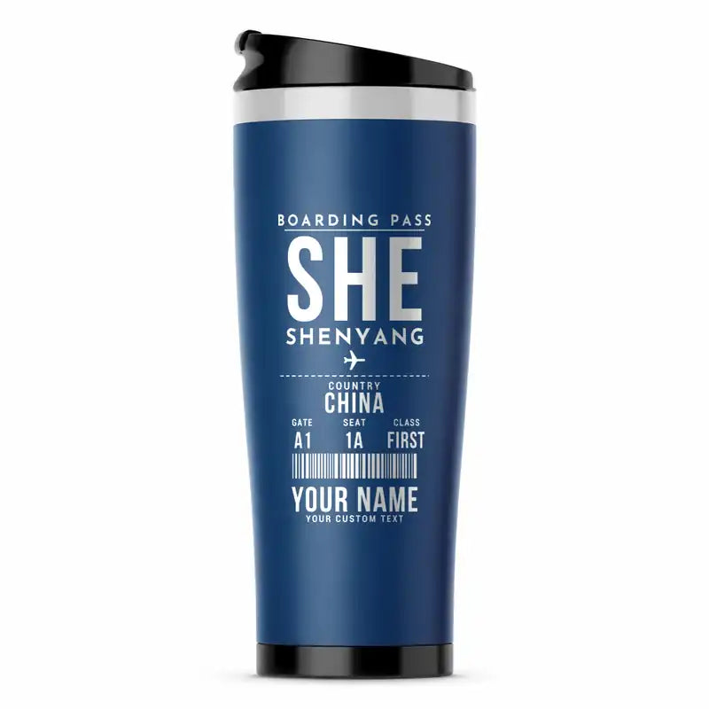 Shenyang Taoxian International Airport (SHE) Travel Mugs - Boarding Pass + Name - Stainless Steel (No Holder) - Blue