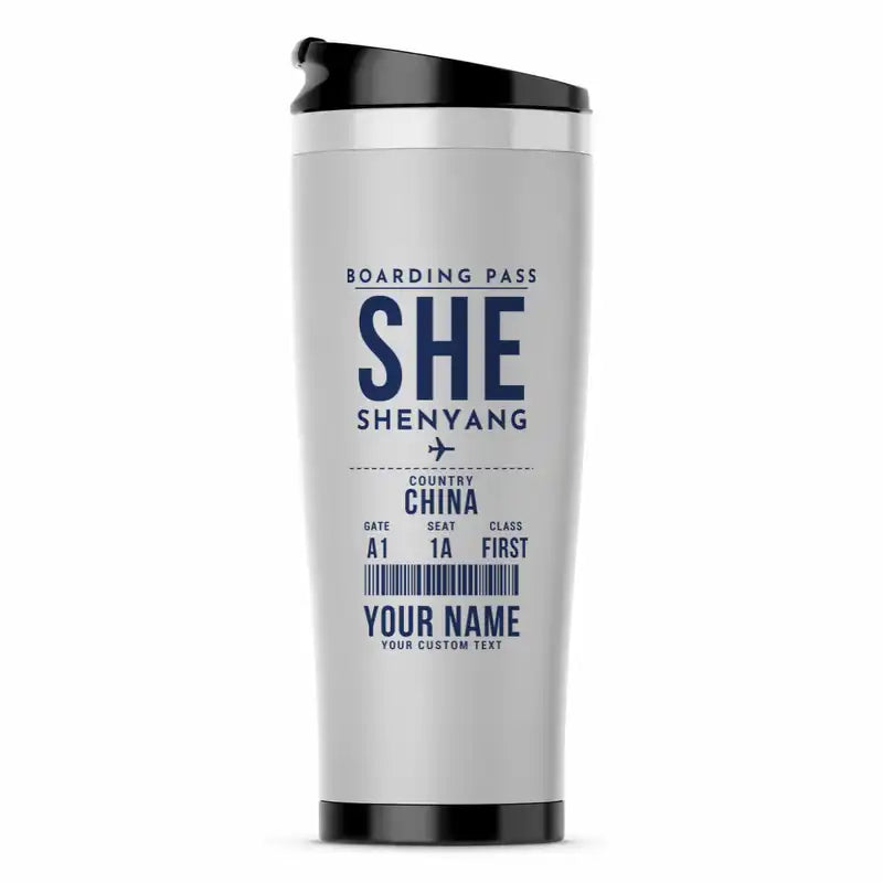 Shenyang Taoxian International Airport (SHE) Travel Mugs - Boarding Pass + Name - Stainless Steel (No Holder) - Light Gray