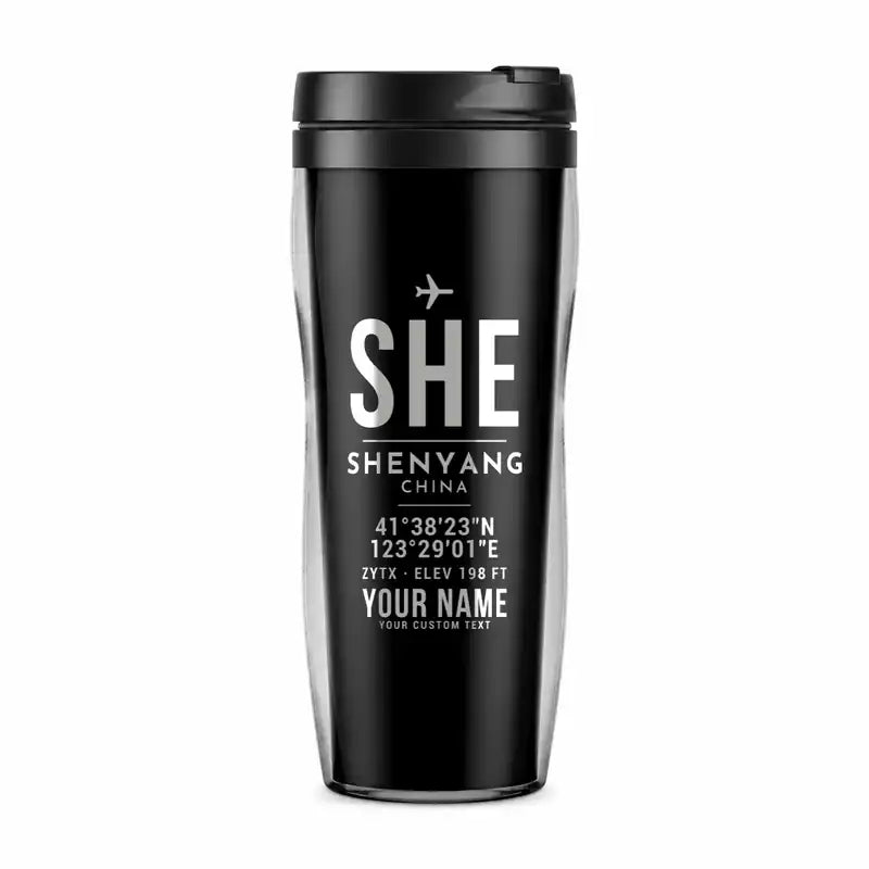 Shenyang Taoxian International Airport (SHE) Travel Mugs - ID Tag + Name - Plastic (No Holder) - Black