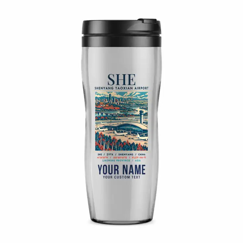 Shenyang Taoxian International Airport (SHE) Travel Mugs - Poster + Name - Plastic (No Holder) - Light Gray