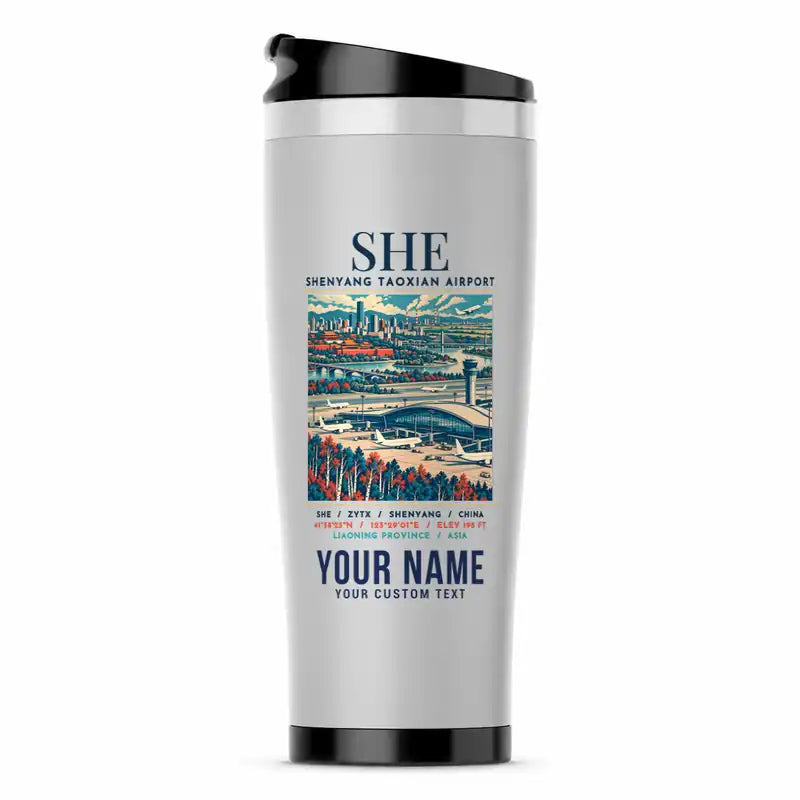 Shenyang Taoxian International Airport (SHE) Travel Mugs - Poster + Name - Stainless Steel (No Holder) - Light Gray