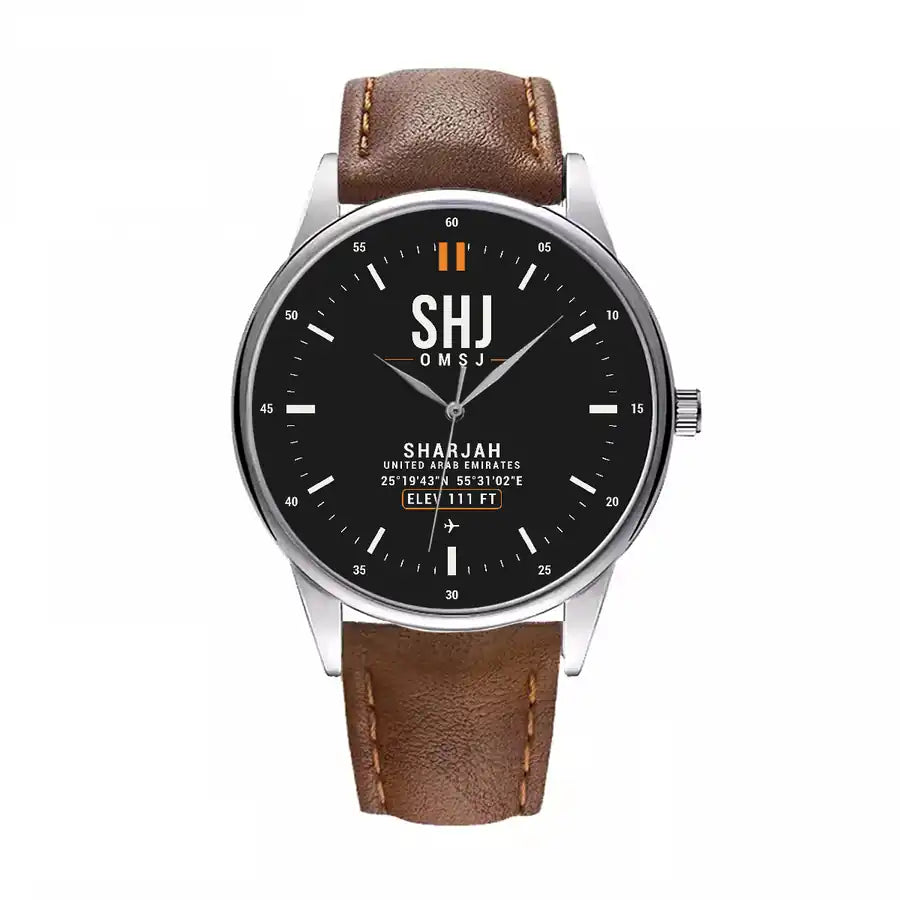 Sharjah International Airport (SHJ) Aviator Watches - Classic - Black - Leather Strap - Brown Leather Strap