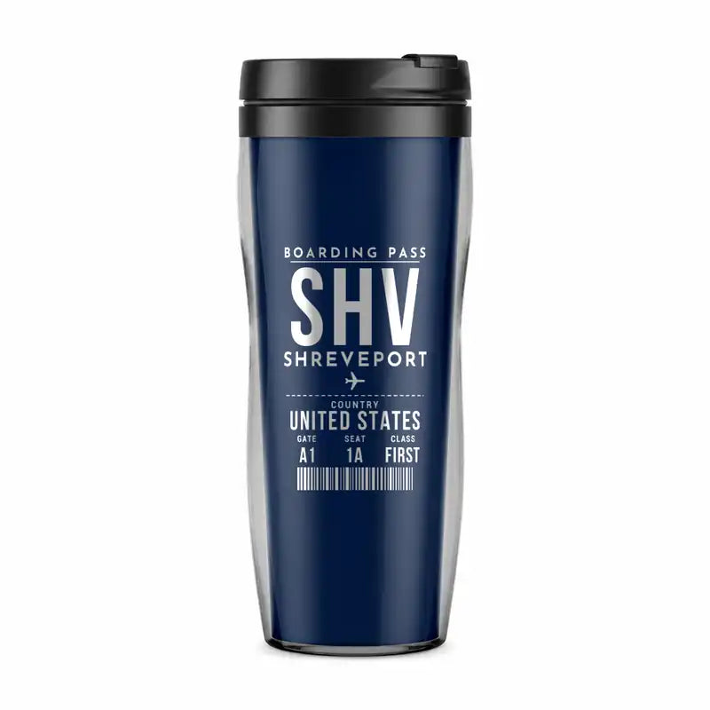 Shreveport Regional Airport (SHV) Travel Mugs - Boarding Pass - Plastic (No Holder) - Dark Blue