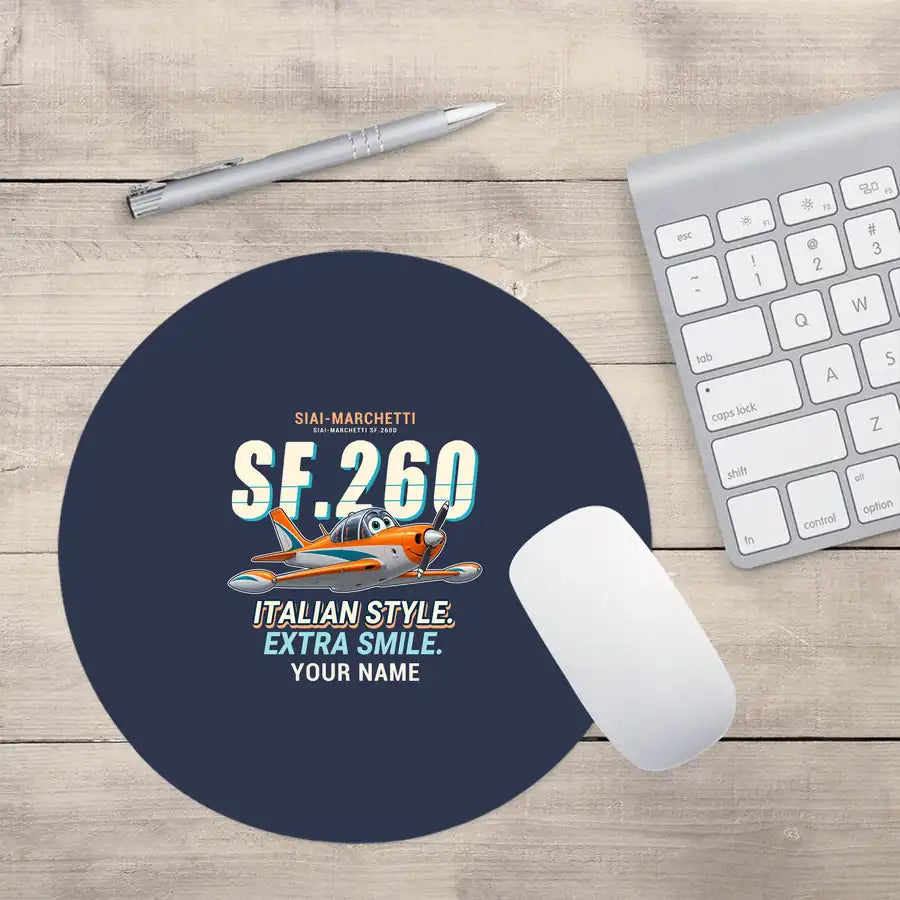 SIAI-Marchetti SF.260D - Cartoon + Name - Round Mouse Pad - Navy Blue