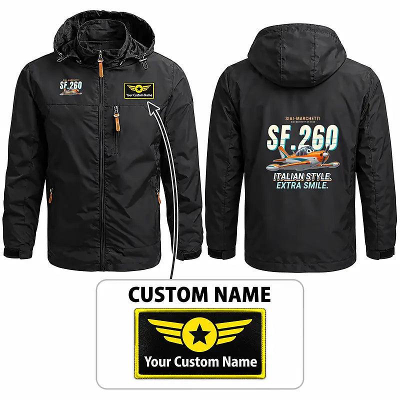 SIAI-Marchetti SF.260D Stylish Jackets - Hooded Windbreaker - Cartoon + Name - Black