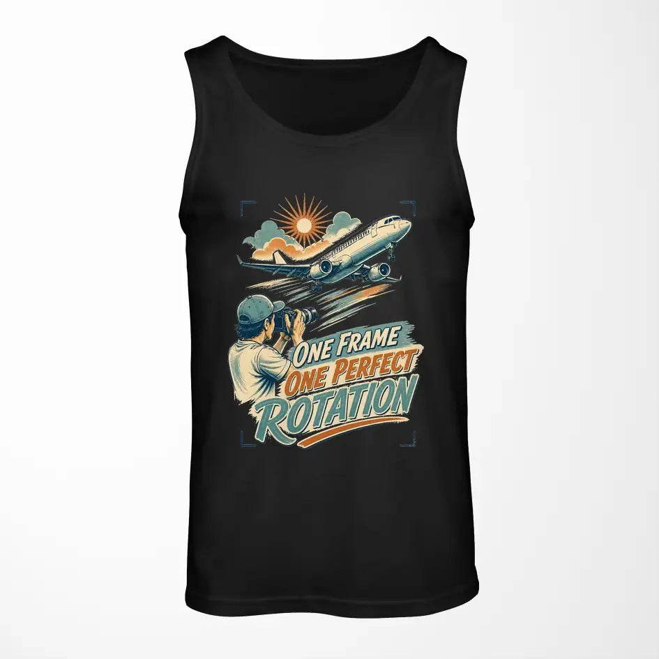 One Frame One Perfect Rotation design on black tank top
