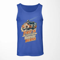 Thumbnail for First In When The Runway Burns design on blue tank top