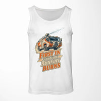 Thumbnail for First In When The Runway Burns design on white tank top