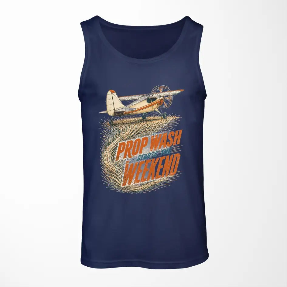 Prop Wash Starts The Weekend design on dark blue tank top