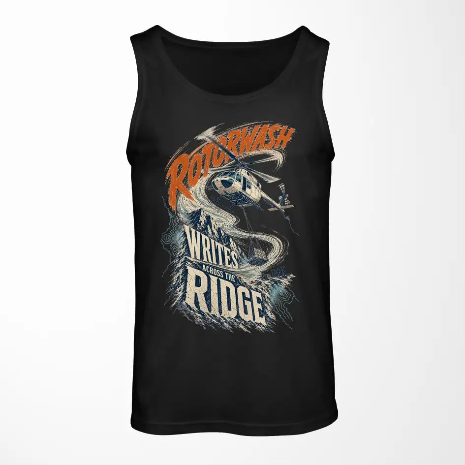 Rotorwash Writes Across The Ridge design on black tank top
