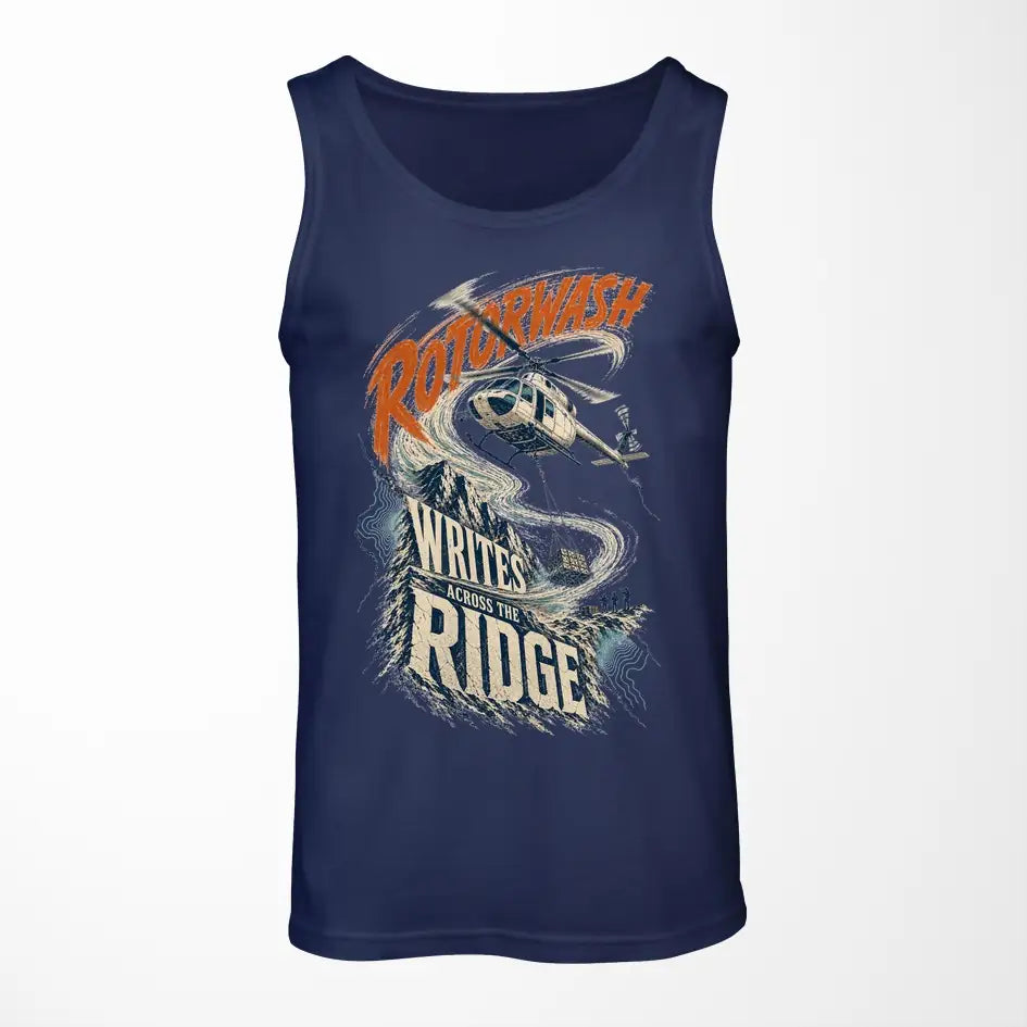 Rotorwash Writes Across The Ridge design on dark blue tank top