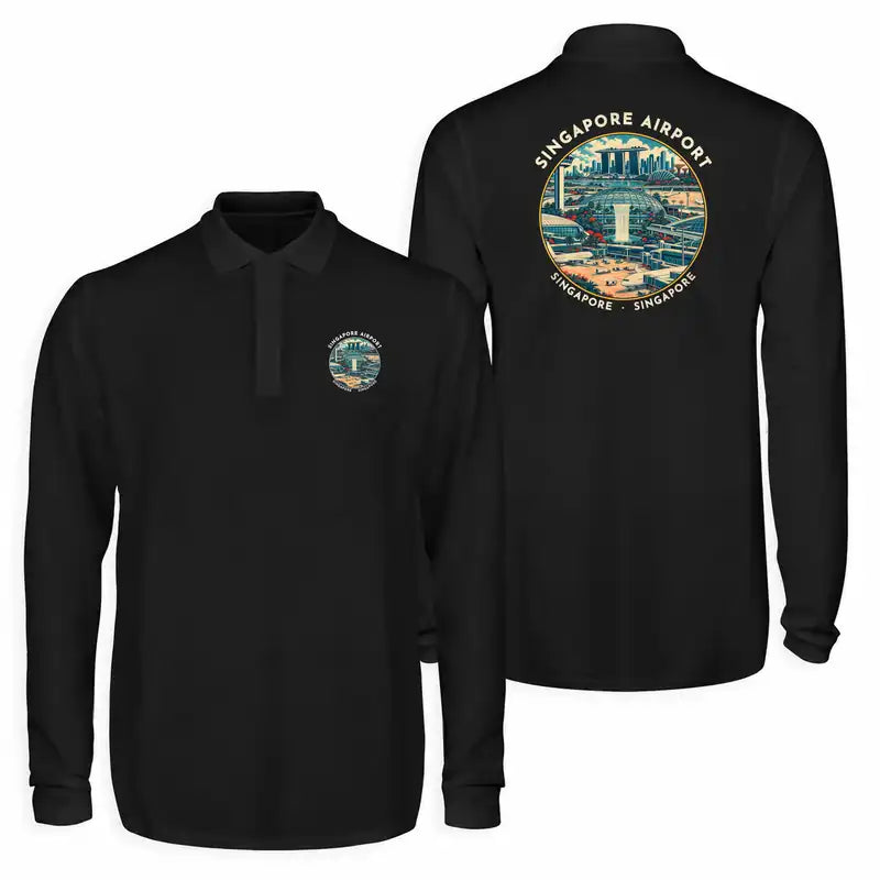 Singapore Changi International Airport (SIN) Premium Polo T-Shirts - Badge - Long Sleeve - Black