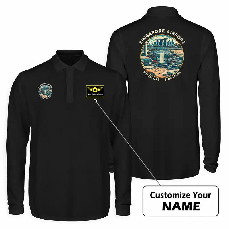 Singapore Changi International Airport (SIN) Premium Polo T-Shirts - Badge + Name - Long Sleeve - Black