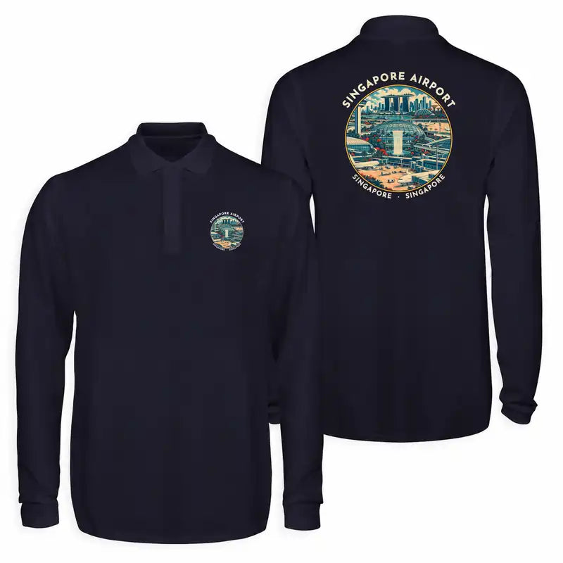 Singapore Changi International Airport (SIN) Premium Polo T-Shirts - Badge - Long Sleeve - Dark Blue