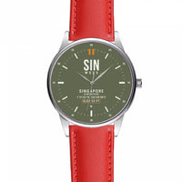 Thumbnail for Singapore Changi International Airport (SIN) Aviator Watches - Classic - Green Army - Leather Strap - Red Leather Strap