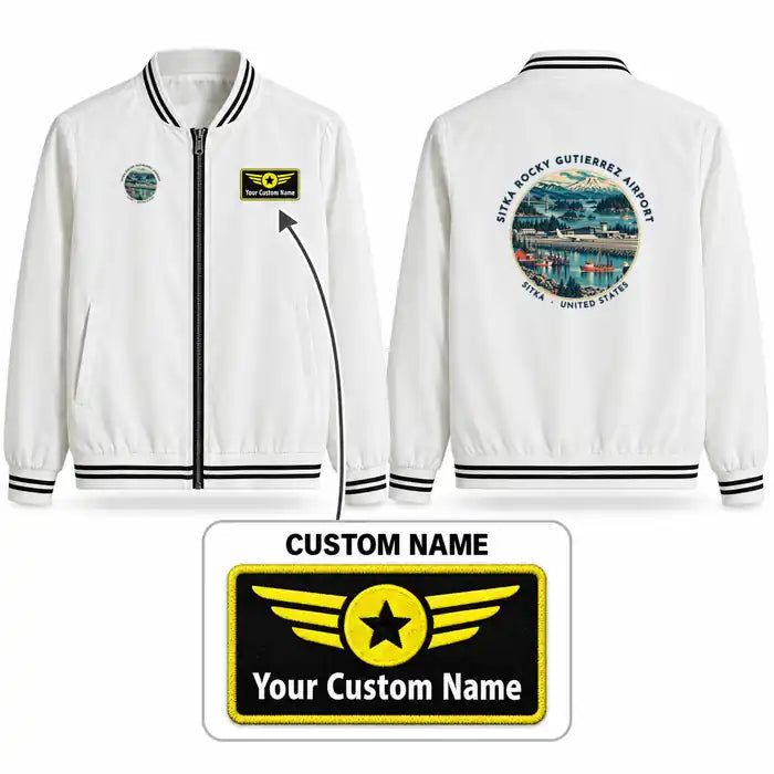 Sitka Rocky Gutierrez Airport (SIT) Stylish Jackets - Baseball Collar - Badge + Name - White