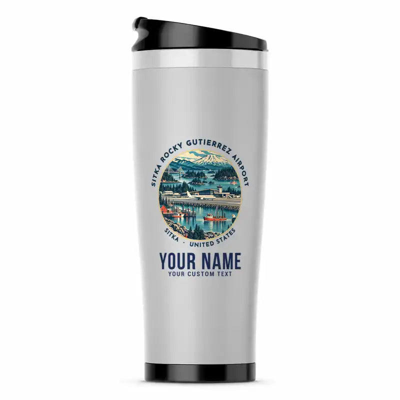 Sitka Rocky Gutierrez Airport (SIT) Travel Mugs - Badge + Name - Stainless Steel (No Holder) - Light Gray
