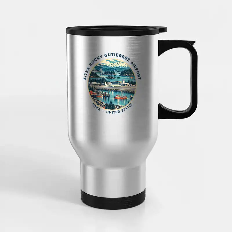 Sitka Rocky Gutierrez Airport (SIT) Travel Mugs - Badge - Stainless Steel with Holder - Silver