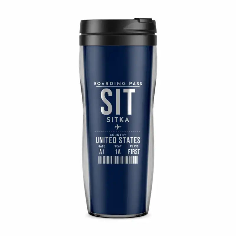 Sitka Rocky Gutierrez Airport (SIT) Travel Mugs - Boarding Pass - Plastic (No Holder) - Dark Blue