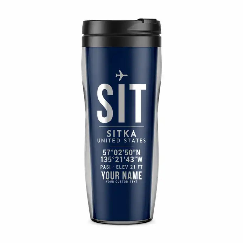 Sitka Rocky Gutierrez Airport (SIT) Travel Mugs - ID Tag + Name - Plastic (No Holder) - Dark Blue