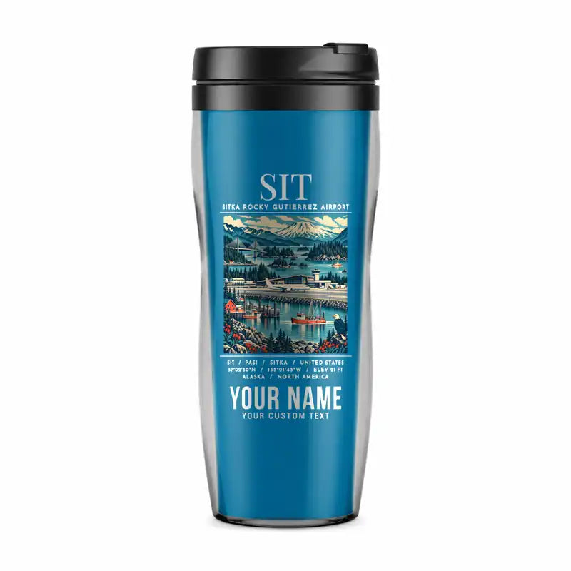 Sitka Rocky Gutierrez Airport (SIT) Travel Mugs - Poster + Name - Plastic (No Holder) - Light Blue