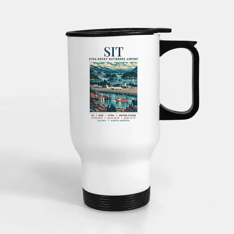 Sitka Rocky Gutierrez Airport (SIT) Travel Mugs - Poster - Stainless Steel with Holder - White