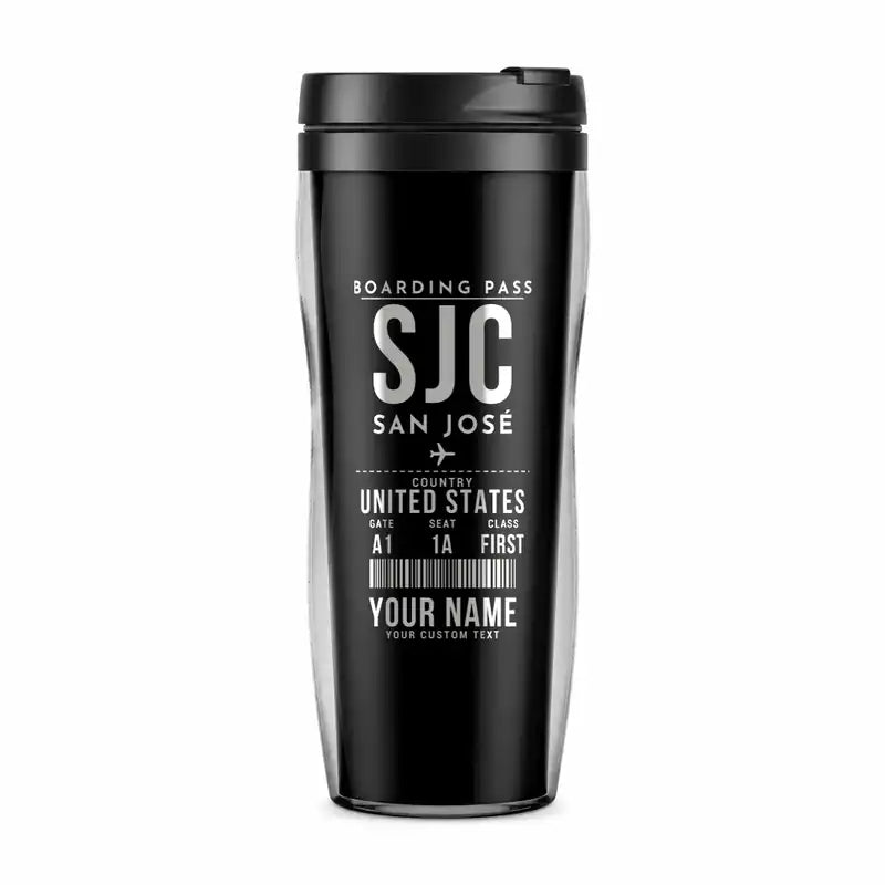 San José Mineta International Airport (SJC) Travel Mugs - Boarding Pass + Name - Plastic (No Holder) - Black