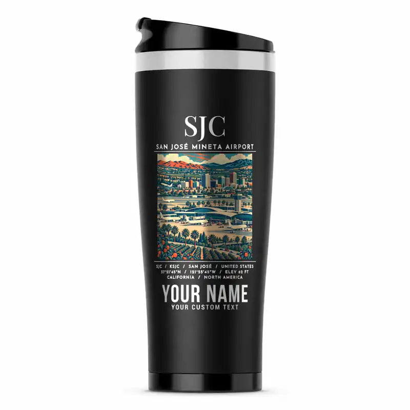 San José Mineta International Airport (SJC) Travel Mugs - Poster + Name - Stainless Steel (No Holder) - Black