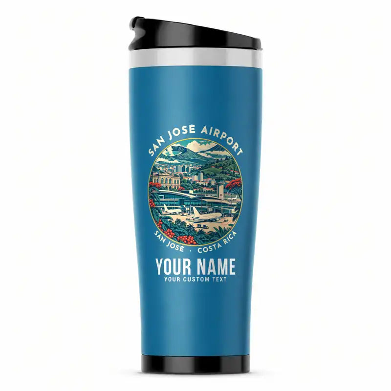 Juan Santamaría International Airport (SJO) Travel Mugs - Badge + Name - Stainless Steel (No Holder) - Light Blue