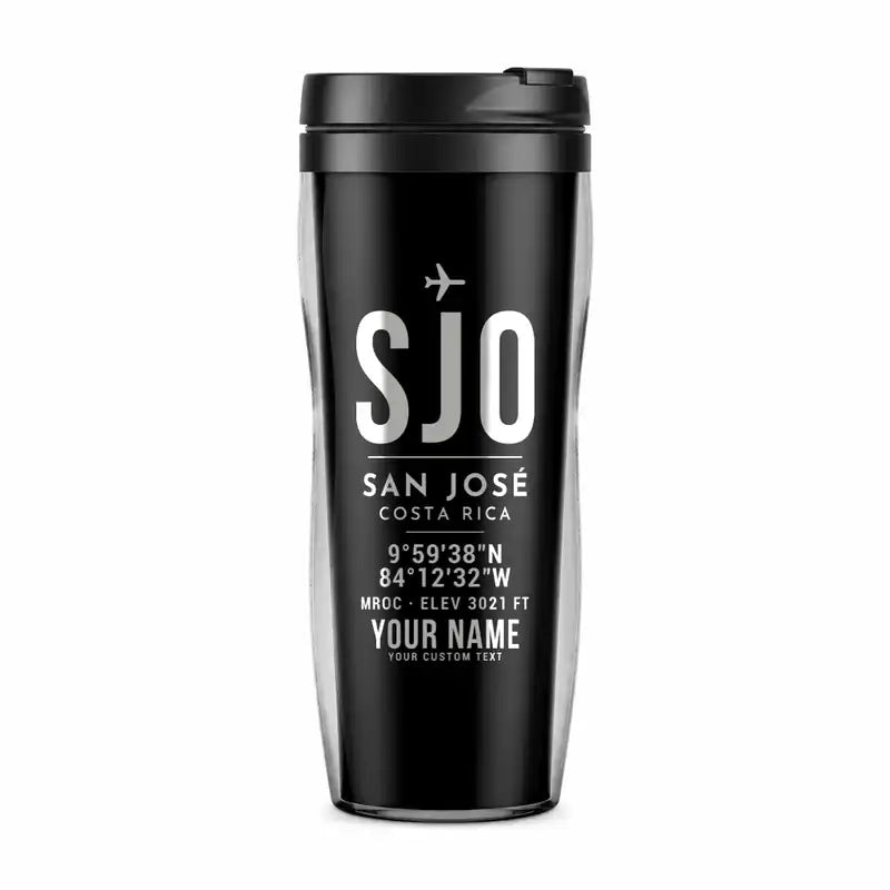 Juan Santamaría International Airport (SJO) Travel Mugs - ID Tag + Name - Plastic (No Holder) - Black