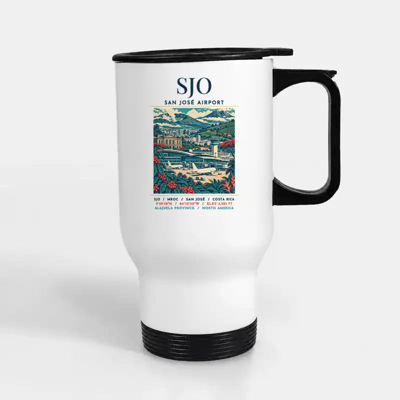 Juan Santamaría International Airport (SJO) Travel Mugs - Poster - Stainless Steel with Holder - White